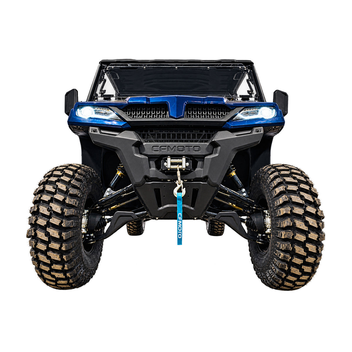 Low front view of a CFMOTO UForce 1000 XL with a PERFEX 2-inch lift kit, showcasing its front suspension, 32s tires and raised ground clearance.