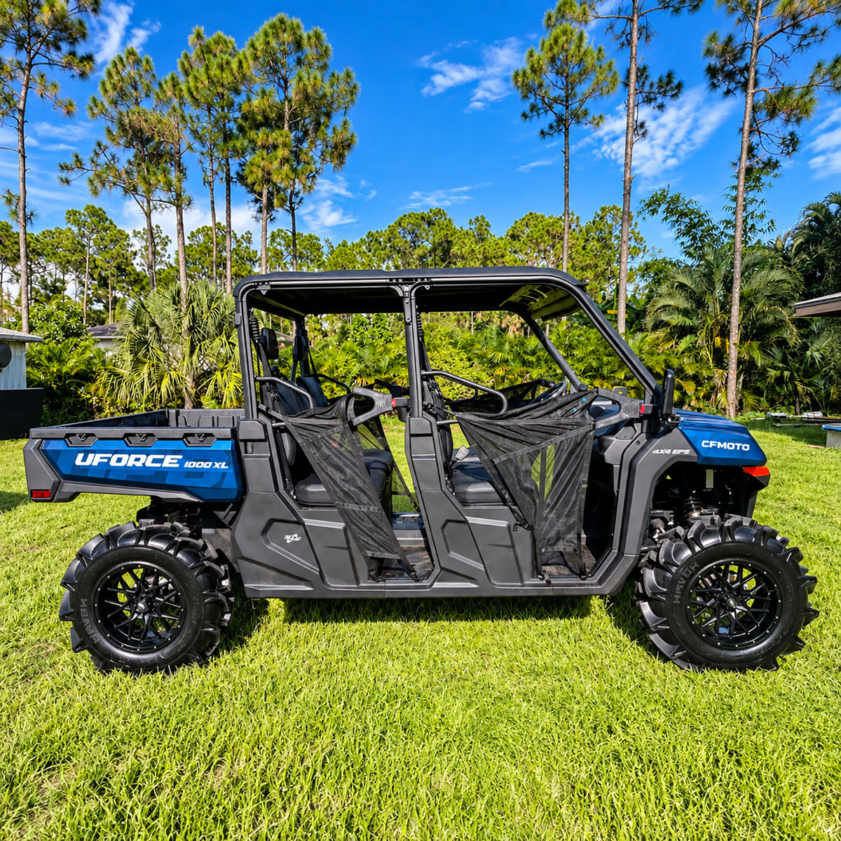 Side profile of a CFMOTO UForce 1000 XL with a PERFEX lift kit, highlighting its elevated stance and large 32 inches mud tires.