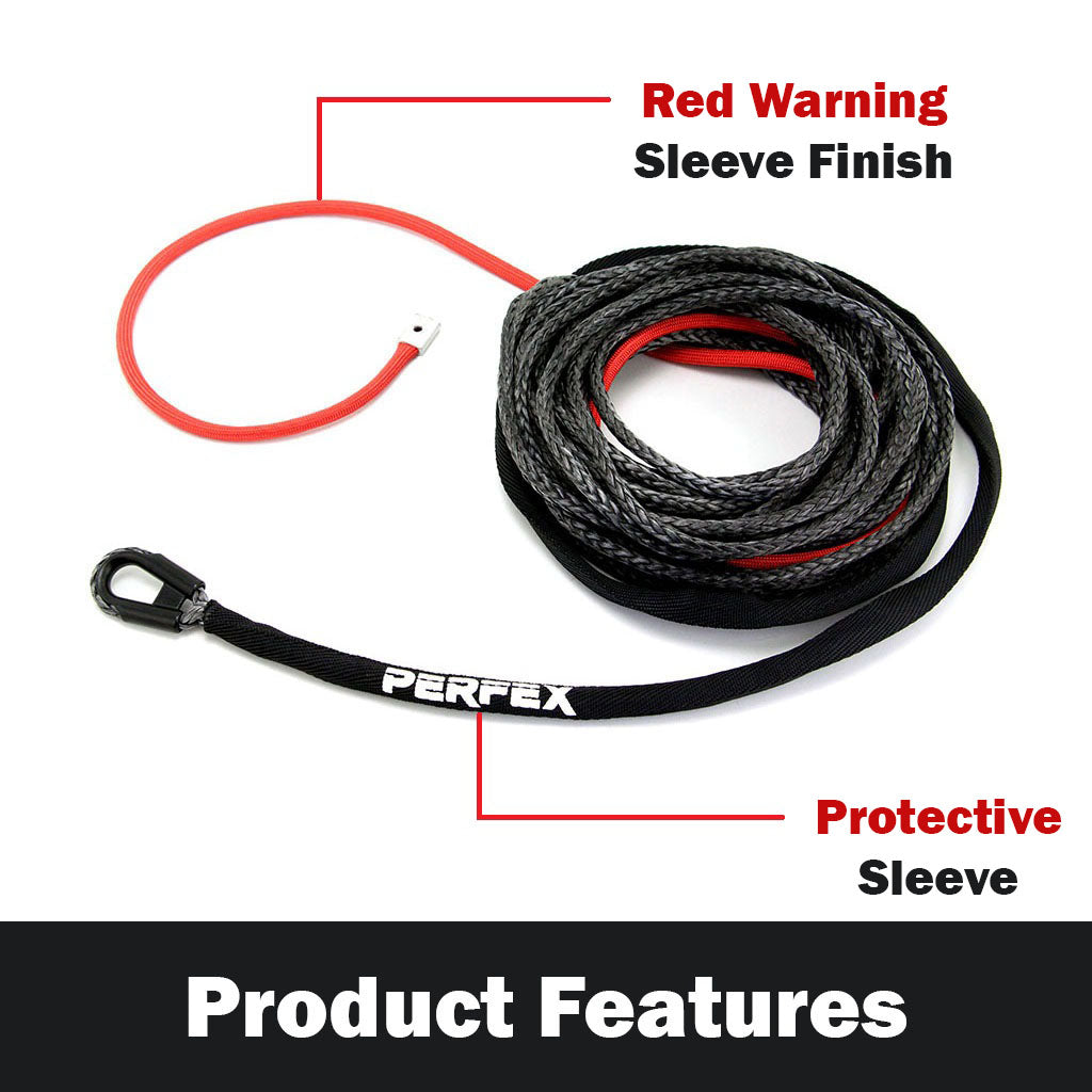 PERFEX Industries presents its Synthetic Winch Rope Replacement for ATV, a durable 3/16" x 50ft long black synthetic cable showcased on a white background. This premium rope includes a protective sleeve at the leading end to prevent abrasion and enhance durability, along with a distinctive red warning sleeve at the finish to indicate the end of the rope. Designed for superior performance and safety, this lightweight yet strong cable is ideal for ATV winching tasks.
