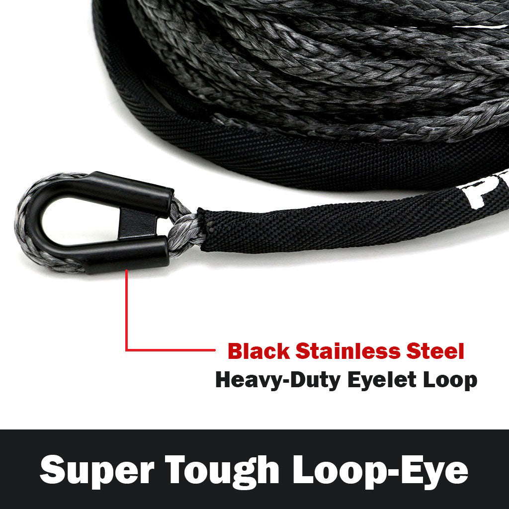 PERFEX Industries Synthetic Winch Rope Replacement for ATV, showcasing a high-quality black synthetic cable against a white background. A key feature of this rope is the black stainless steel heavy-duty eyelet loop at the beginning of the cable, designed for enhanced durability and secure attachment. This detail signifies the rope's robustness and reliability for ATV winching operations, highlighting its superior construction and functionality.