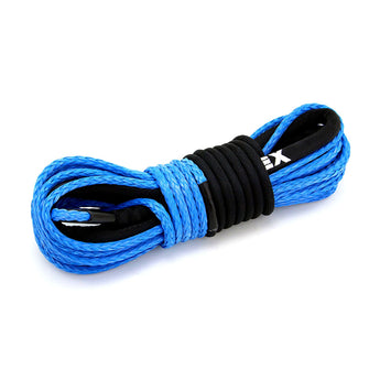 PERFEX Industries Synthetic Winch Rope Replacement for ATV, featuring a 3/16" x 50ft long synthetic cable in vibrant blue, showcased on a clean white background. This high-quality, lightweight rope is built for superior strength and resilience, offering exceptional abrasion resistance and reliability for ATV users.