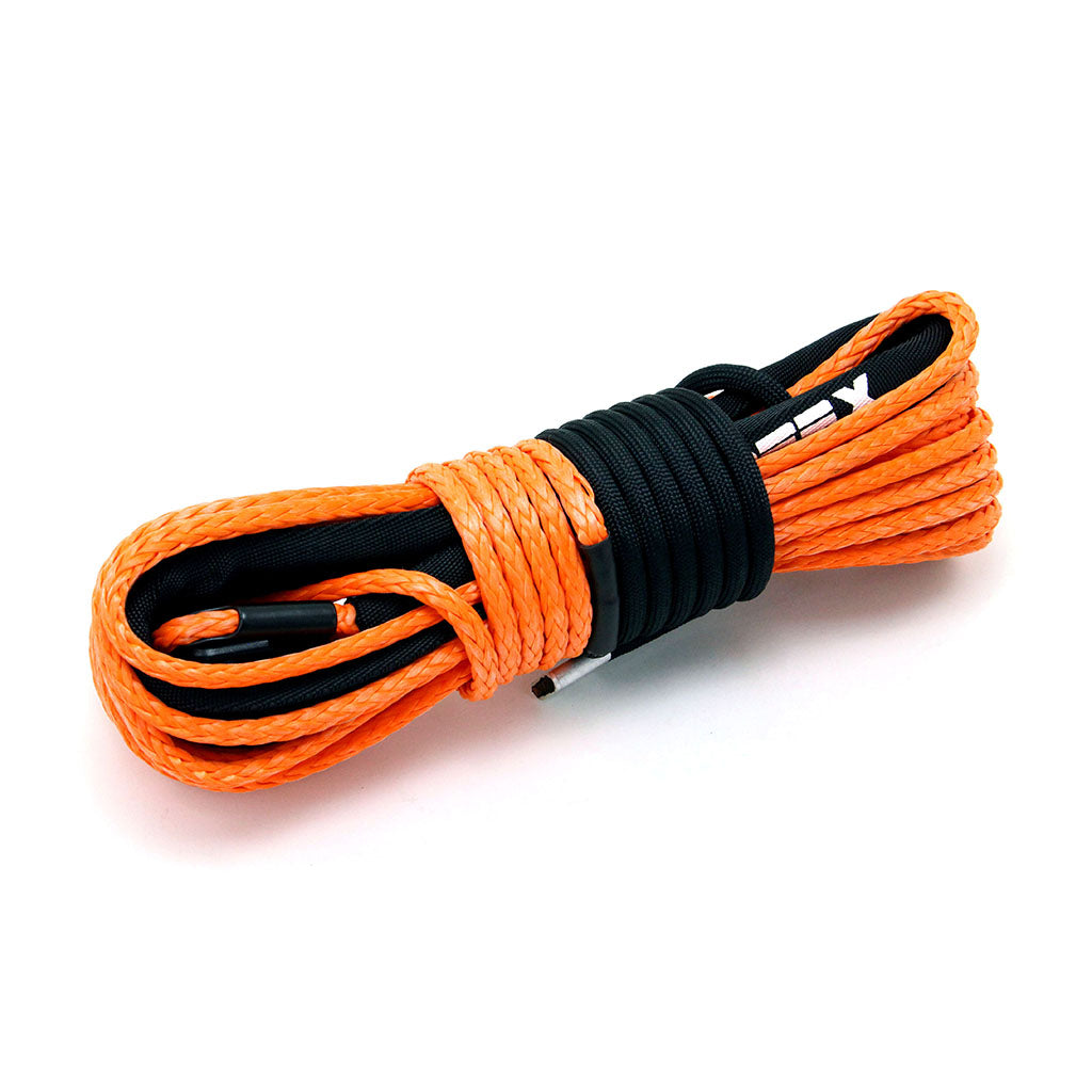 PERFEX Industries Synthetic Winch Rope Replacement for ATV, a 3/16" x 50ft long synthetic cable in a vibrant orange color, presented on a white background. This durable, lightweight rope is engineered for high performance, offering superior abrasion resistance and strength, ideal for enhancing the safety and efficiency of ATV winching applications.