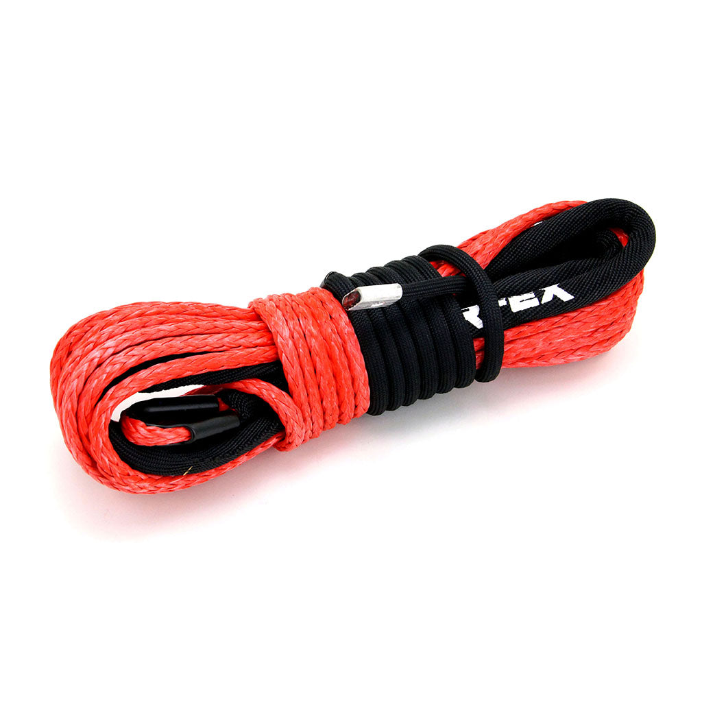 PERFEX Industries Synthetic Winch Rope Replacement for ATV, a robust 3/16" x 50ft long synthetic cable in a bold red color, prominently displayed against a white background. Designed for durability and strength, this lightweight rope offers excellent abrasion resistance, making it a reliable choice for ATV users seeking to enhance their winching capabilities.