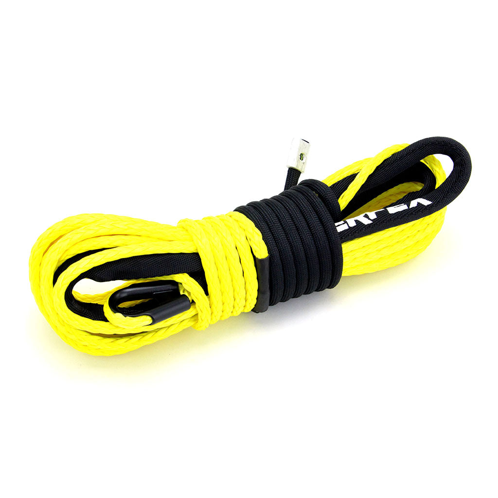 PERFEX Industries Synthetic Winch Rope Replacement for ATV, featuring a 3/16" x 50ft long synthetic cable in a bright yellow, set against a contrasting white background. This high-quality rope is crafted for superior strength and flexibility, ensuring maximum durability and abrasion resistance for reliable ATV winching. Its vivid yellow color enhances visibility for safer operation.