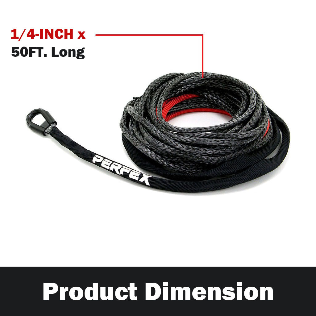 PERFEX Industries Synthetic Winch Rope Replacement for UTV, a sleek 1/4-Inch x 50Ft. long synthetic cable in classic black, showcased on a white background. Highlighting its precise dimensions, this durable and lightweight rope is engineered for exceptional performance and reliability. It offers superior abrasion resistance and is designed to enhance the winching experience for UTV enthusiasts, ensuring safety and efficiency in operation.