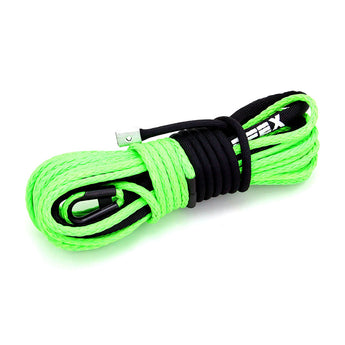 PERFEX Industries Synthetic Winch Rope Replacement for UTV, showcasing a 1/4" x 50ft long synthetic cable in a striking lime green, set against a pure white background. This high-strength, lightweight rope is designed for optimal performance and durability, featuring exceptional resistance to wear and abrasion, perfect for UTV recovery operations.