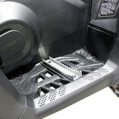 1.5-inch wide PERFEX left aluminum foot peg mounted on a Can-Am Outlander G3 850 XT ATV, designed for durability and off-road performance.