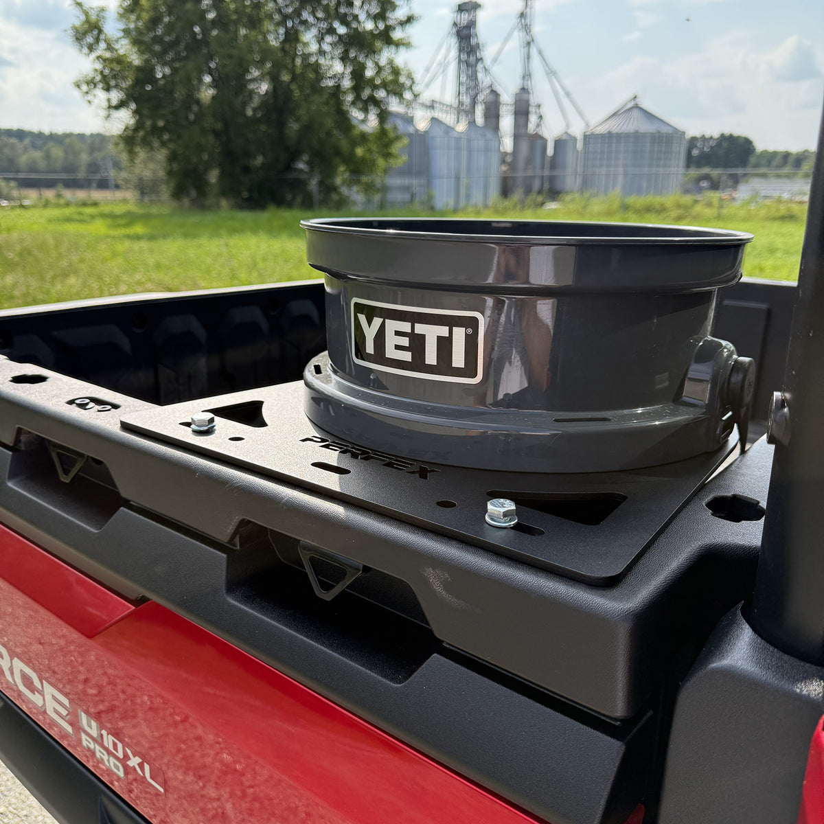 PERFEX™ 5-gallon bucket holder with YETI bucket mounted on CFMoto UForce U10 XL PRO Highland – shown with included anchors (bucket not included)