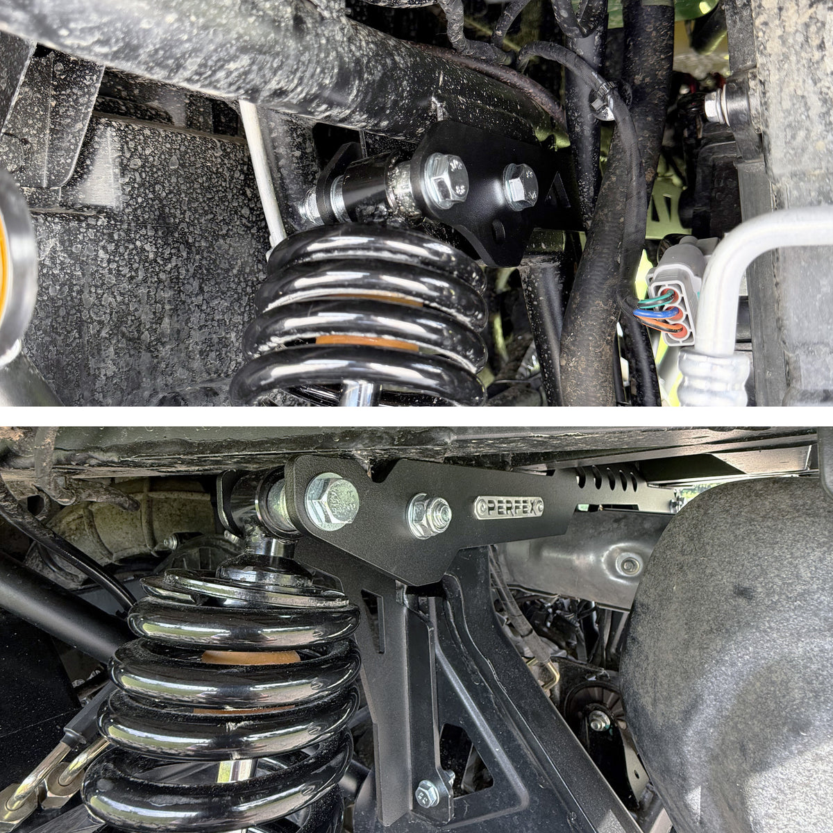 Front and rear installation of PERFEX 2.5in UTV lift kit on CFMoto UForce U10 PRO — includes heavy-duty front bracket and rear spring spacer mounted on suspension components
