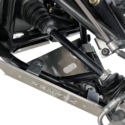 White background image of a Can-Am Outlander PRO, focusing on the PERFEX Industries front A-arm guards protecting the suspension components of the ATV. Ideal for off-road adventures.