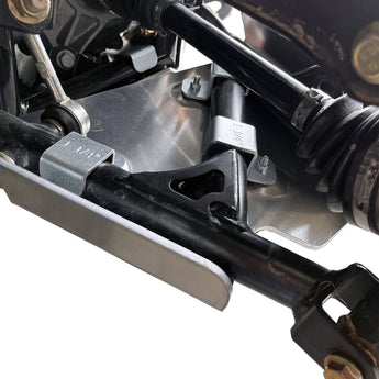 White background image of a Can-Am Outlander PRO, focusing on the PERFEX Industries rear A-arm guards protecting the suspension components of the ATV. Ideal for off-road adventures.