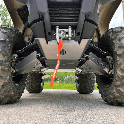 Front view of a 2024 Can-Am Outlander 700 equipped with PERFEX Industries' aluminum complete protection kit. This ATV is built to last for off-road adventures.