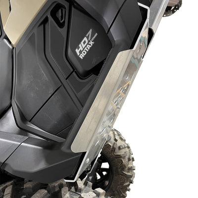 White background image of a Can-Am Outlander PRO, focusing on the PERFEX Industries footwell plate for superior ATV protection. Ideal for off-road adventures.