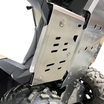 White background image of a Can-Am Outlander PRO, focusing on the PERFEX Industries footwell plate for superior ATV protection. Ideal for off-road adventures.