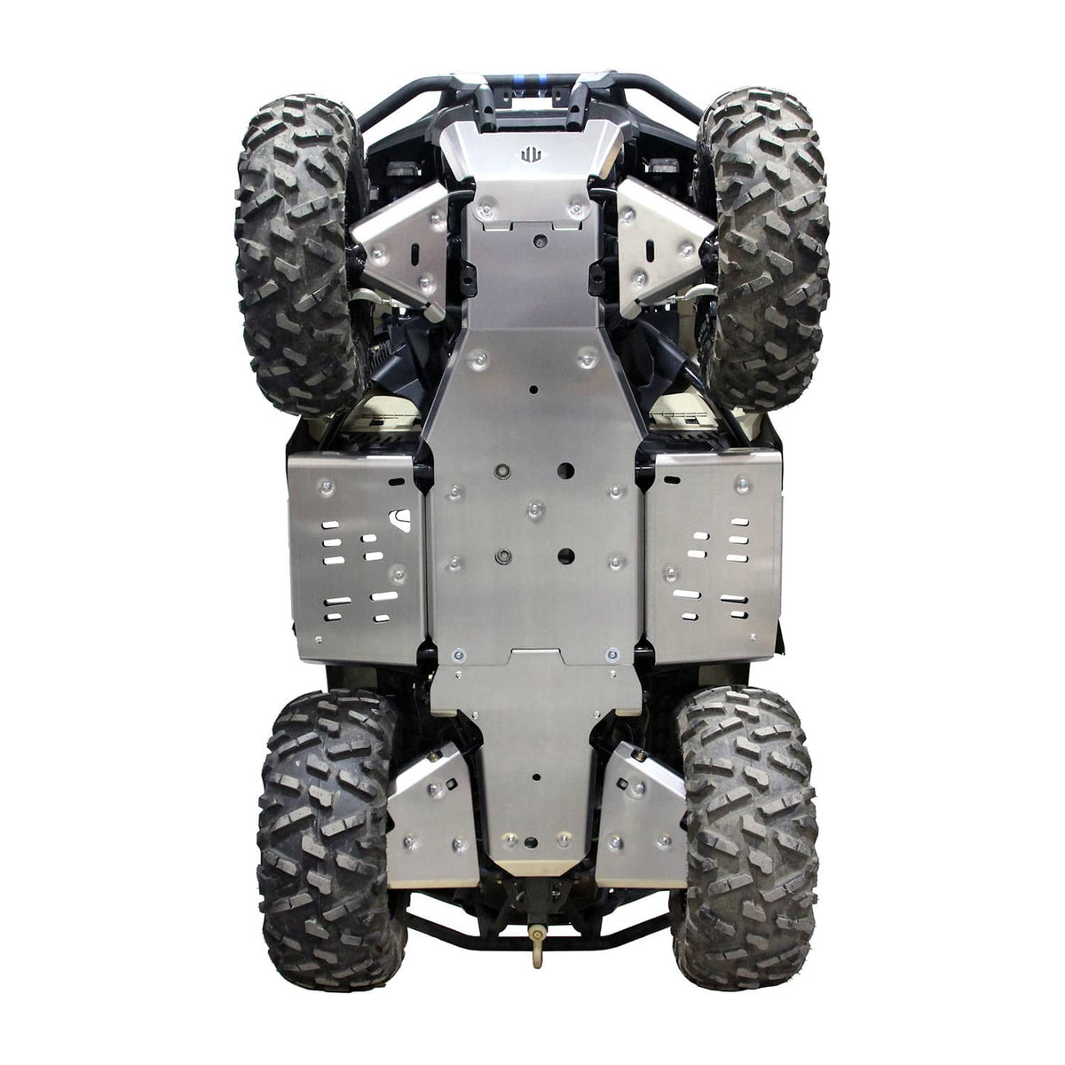 Underside view of a Can-Am Outlander 700 PRO model on a white background, featuring PERFEX Industries' ultimate protection kit made of aluminum, with central skid plate, A-arm guards, and footwell plates installed.