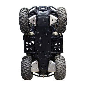 Underside view of a Can-Am Outlander 700 PRO model on a white background, featuring PERFEX Industries Aluminum A-arm guards for enhanced suspension protection.