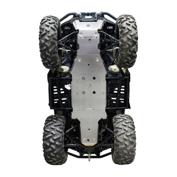 Underside view of a Can-Am Outlander 700 PRO model on a white background, featuring a PERFEX Industries aluminum central skid plate protecting from the front to the rear of the ATV.