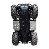 Underside view of a Can-Am Outlander 700 PRO model on a white background, featuring PERFEX Industries aluminum footwell plates for enhanced protection.