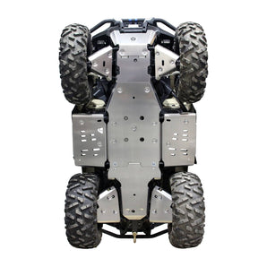 Underside view of a Can-Am Outlander 700 PRO model on a white background, featuring PERFEX Industries' ultimate protection kit made of aluminum, with central skid plate, A-arm guards, and footwell plates installed.