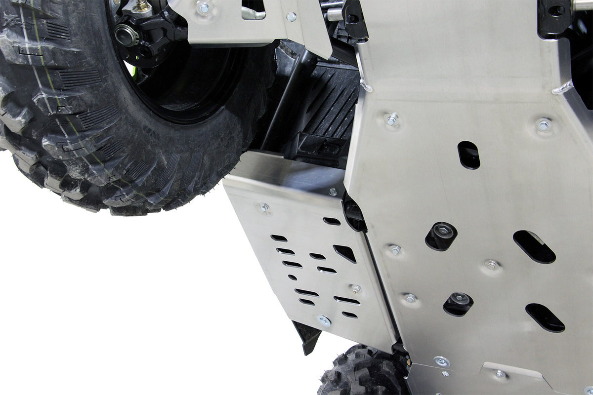 2025+ Can-Am Outlander MAX 1000R Limited with PERFEX™ 3/16" Aluminum Footwell Skid Plate (right side) and Full Frame Skid Plate. Heavy-duty ATV underbody protection.