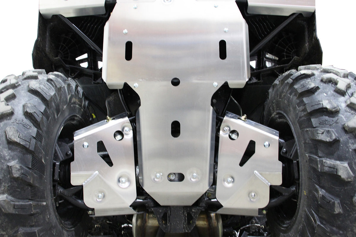 2025+ Can-Am Outlander MAX 850 and 1000R DPS with PERFEX™ 3/16" Aluminum Full Frame Skid Plate Kit and Rear A-Arm Protectors. Ultimate ATV protection for rough terrain.