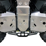 Close-up rear view of PERFEX Industries 3/16" heavy-duty aluminum 5052 central skid plate and rear a-arm guards, providing robust protection for the rear end of Kawasaki Brute Force ATVs during off-road adventures.