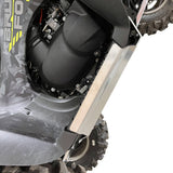 Detailed view of PERFEX Industries 3/16" heavy-duty aluminum 5052 right footwell plates, designed to fully encompass the original plastic footwell for enhanced protection on Kawasaki Brute Force ATVs.