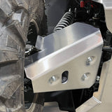 Close-up view of PERFEX Industries 3/16" heavy-duty aluminum 5052 front right a-arm guard, showcasing enhanced protection for 2023 Kawasaki Brute Force 750 ATVs during off-road use.