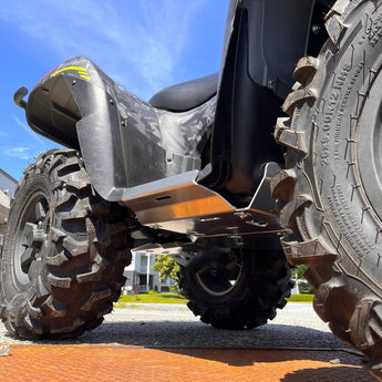 PERFEX Industries 3/16" aluminum skid plate mounted on a 2023 Kawasaki Brute Force 750, ensuring robust protection for ATV off-road use, built for longevity.