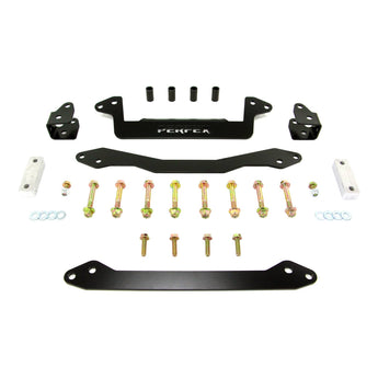 PERFEX Industries 2-inch lift kit for Kawasaki Brute Force 650/750 4x4i (2005-2023), featuring black powder-coated lift brackets and complete installation hardware for ATV off-road use, displayed on a white background.