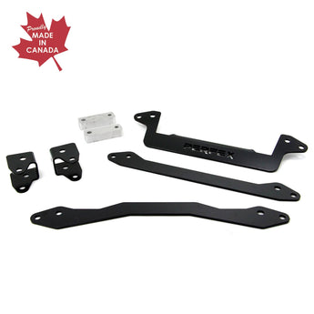 Close-up view of PERFEX Industries black powder-coated lift brackets, demonstrating product solidity and proudly made in Canada for Kawasaki Brute Force 650/750 4x4i ATV off-road use.