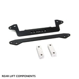 Close-up view of PERFEX Industries rear lift brackets, black powder-coated and designed for solid installation on Kawasaki Brute Force 650/750 4x4i ATVs, including two brackets for rear sway bar relocation, perfect for off-road use, made in Canada.