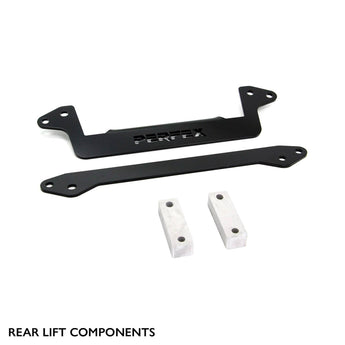 Close-up view of PERFEX Industries rear lift brackets, black powder-coated and designed for solid installation on Kawasaki Brute Force 650/750 4x4i ATVs, including two brackets for rear sway bar relocation, perfect for off-road use, made in Canada.