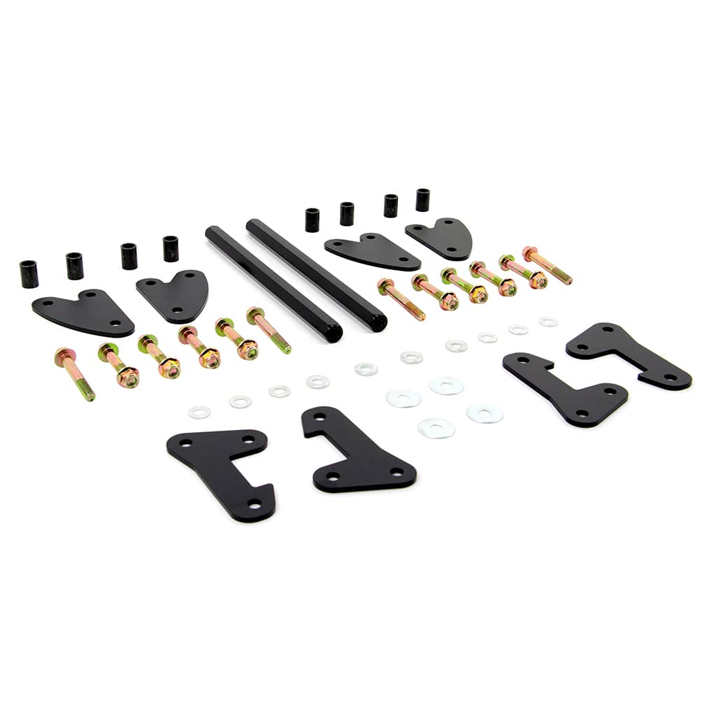 Side view of our lift-kit set for Polaris Ranger XP 1000 & Crew UTV, highlighting all included parts for an off-road experience. Made with durable materials for reliable performance on and off the road, brought to you by PERFEX.