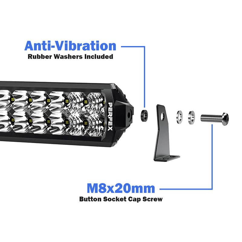 Easy installation of PERFEX dual row LED light bar for ATV and UTV, featuring anti-vibration rubber washers, stainless steel hardware, and side brackets for secure off-road mounting.