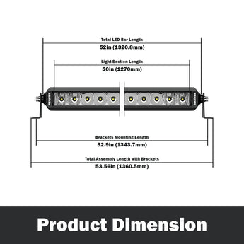 Detailed dimensions of the PERFEX 50-inch single row LED light bar, designed for ATV, UTV, side-by-side, off-road, and 4x4 vehicles. Displays precise measurements for optimal installation and fit.