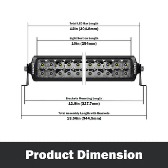 Detailed dimensions of the PERFEX 10-inch dual row LED light bar, designed for ATV, UTV, side-by-side, off-road, and 4x4 vehicles. Displays precise measurements for accurate installation and fit.