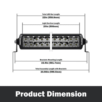 Detailed dimensions of the PERFEX 20-inch dual row LED light bar, designed for ATV, UTV, side-by-side, off-road, and 4x4 vehicles. Provides precise measurements for accurate installation and fit.