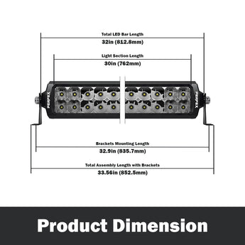 Detailed dimensions of the PERFEX 30-inch dual row LED light bar, designed for ATV, UTV, side-by-side, off-road, and 4x4 vehicles. Provides precise measurements for optimal installation and fit.