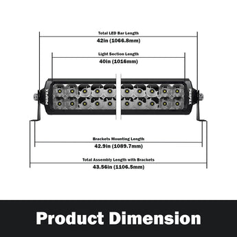 Detailed dimensions of the PERFEX 40-inch dual row LED light bar, designed for ATV, UTV, side-by-side, off-road, and 4x4 vehicles. Shows precise measurements for accurate installation and fit.