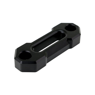 Front angled view highlighting the smooth, rounded rope guide opening of the PERFEX black anodized aluminum hawse fairlead, designed for synthetic ATV winch ropes.