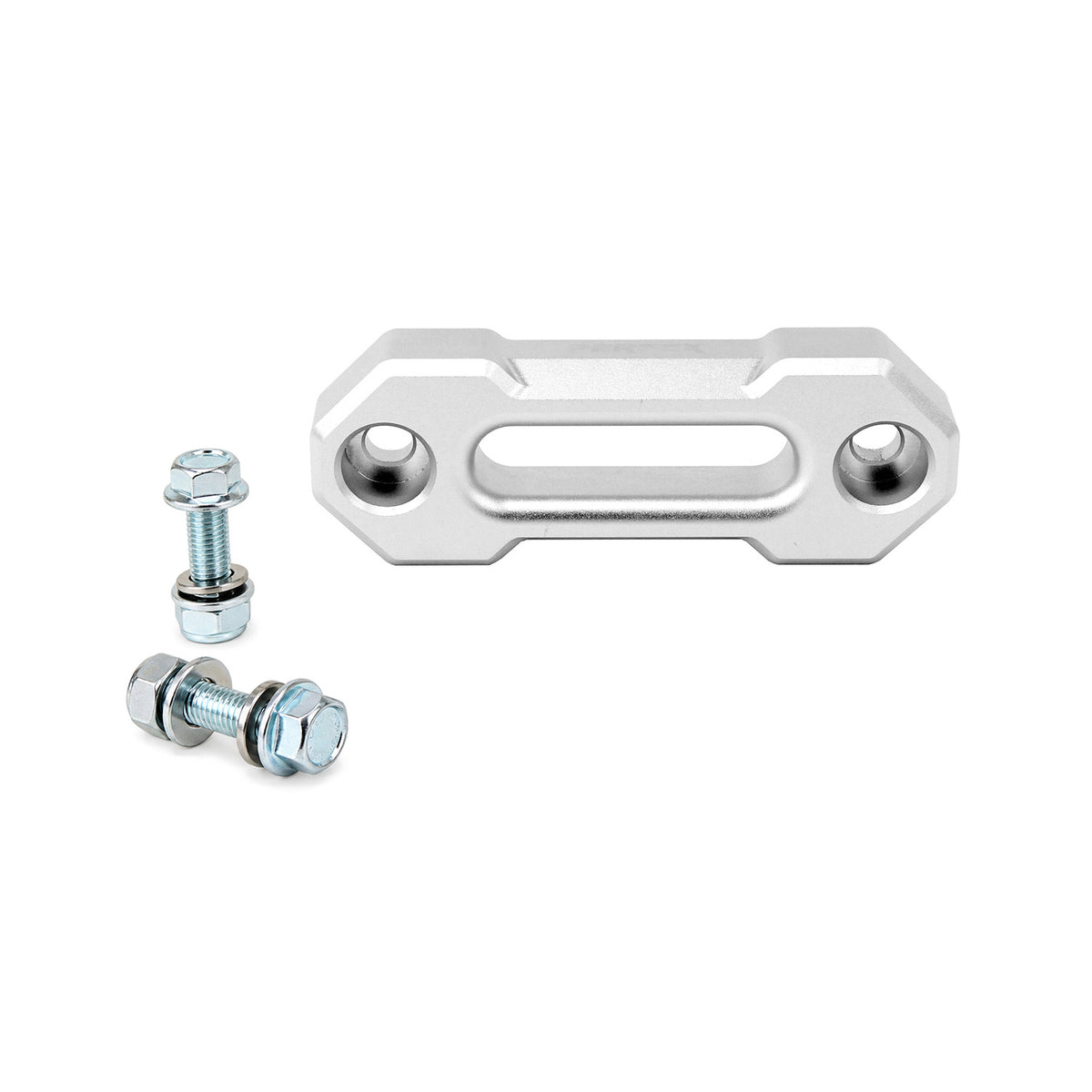 PERFEX CNC-machined aluminum ATV hawse fairlead with silver anodized finish, 4-7/8" mounting hole spacing, and included M10-1.25 bolts and lock nuts.