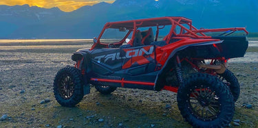 Featured on the 'Become Affiliate' page, the image displays a Honda Talon 1000 X-4 UTV with a Perfex-designed lift kit, set against a backdrop of sunset behind the mountains.