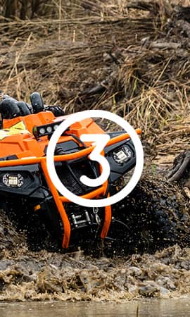 Featured on the 'Become Affiliate' page, the image depicts the number 3 in the center, representing the third step out of 4 to become an affiliate with Perfex. The front of the ATV is seen emerging from the mud hole.