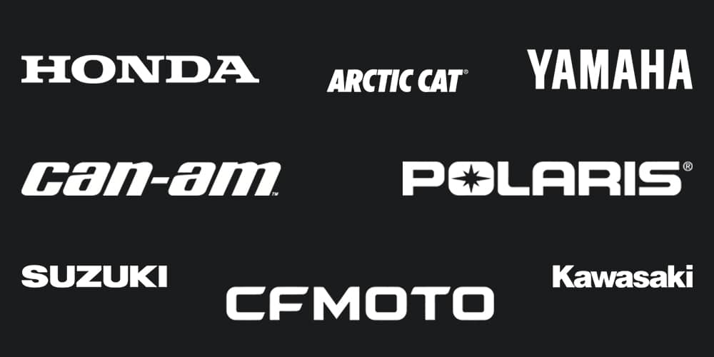 Image showcasing several brands we work with at Perfex: HONDA, CAN-AM, SUZUKI, CFMOTO, KAWASAKI, POLARIS, YAMAHA, ARCTIC CAT.