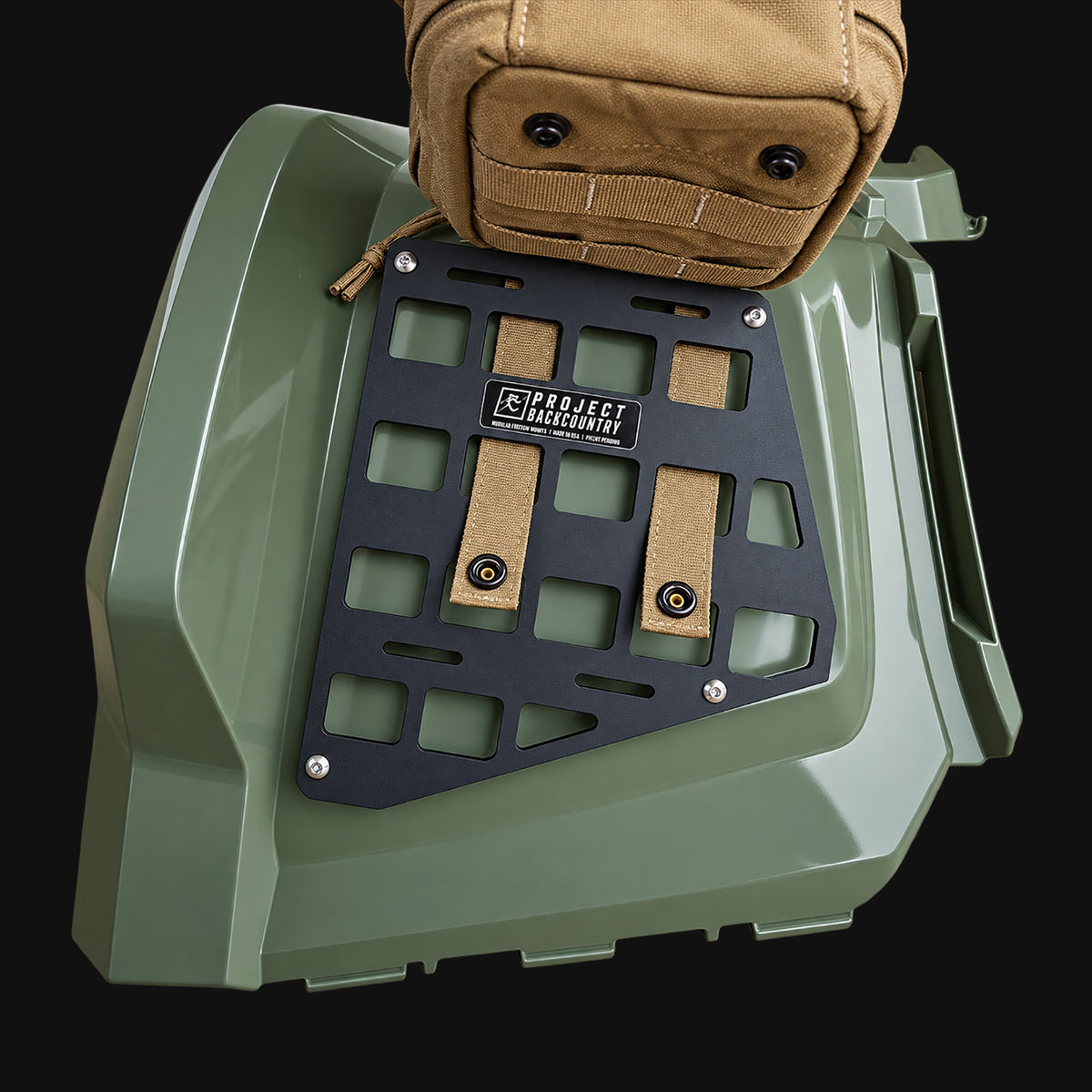 Project Backcountry Modular FenderLink on Can-Am Outlander Gen 2 with MOLLE mounting straps and ATV accessory pouch.