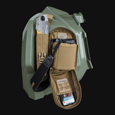 Can-Am Outlander Gen 2 left Fender MOLLE Panel with Project Backcountry Modular FenderLink carrying ATV tools and utility accessories.