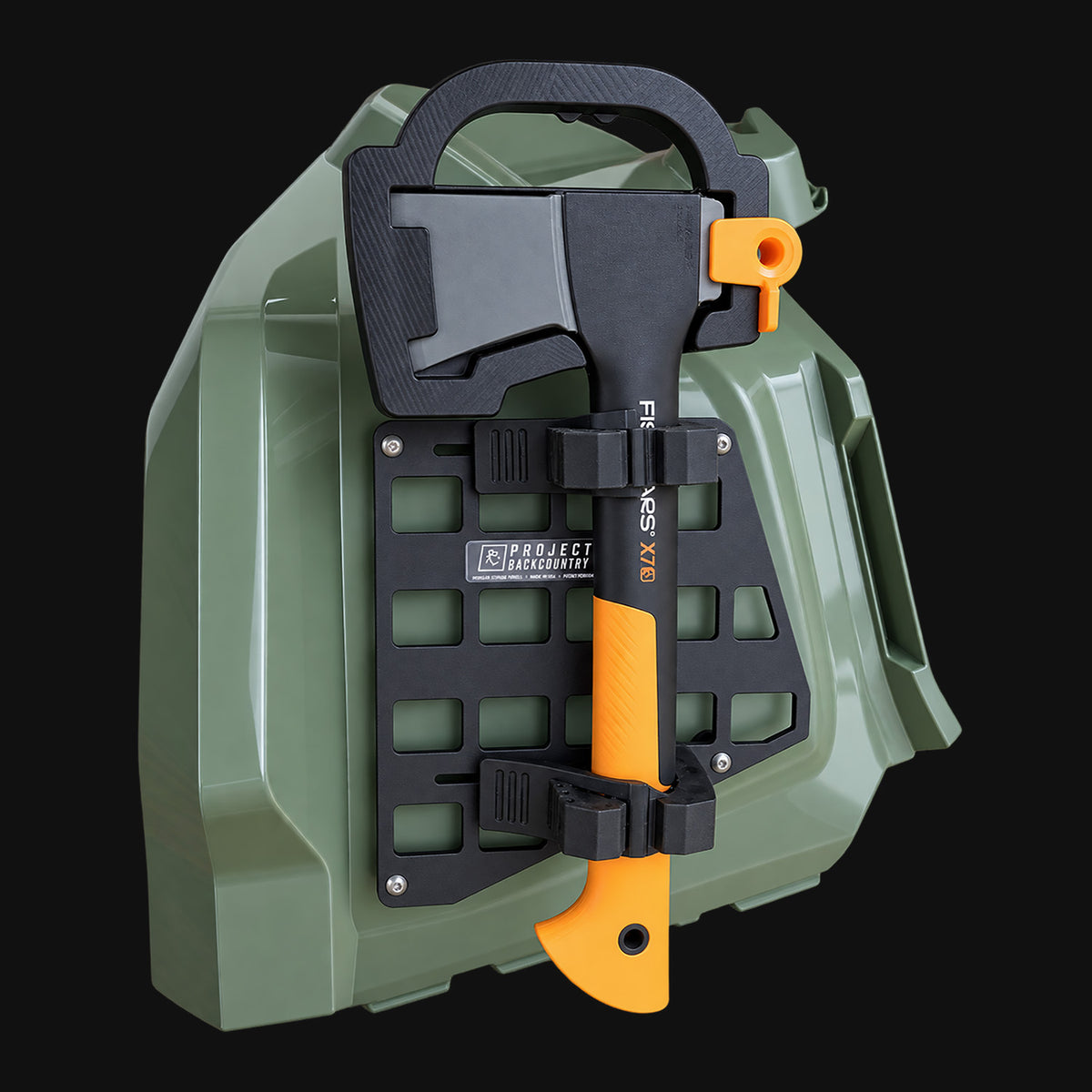 Project Backcountry Modular FenderLink on Can-Am Outlander Gen 2 left front fender carrying an axe as ATV utility gear.