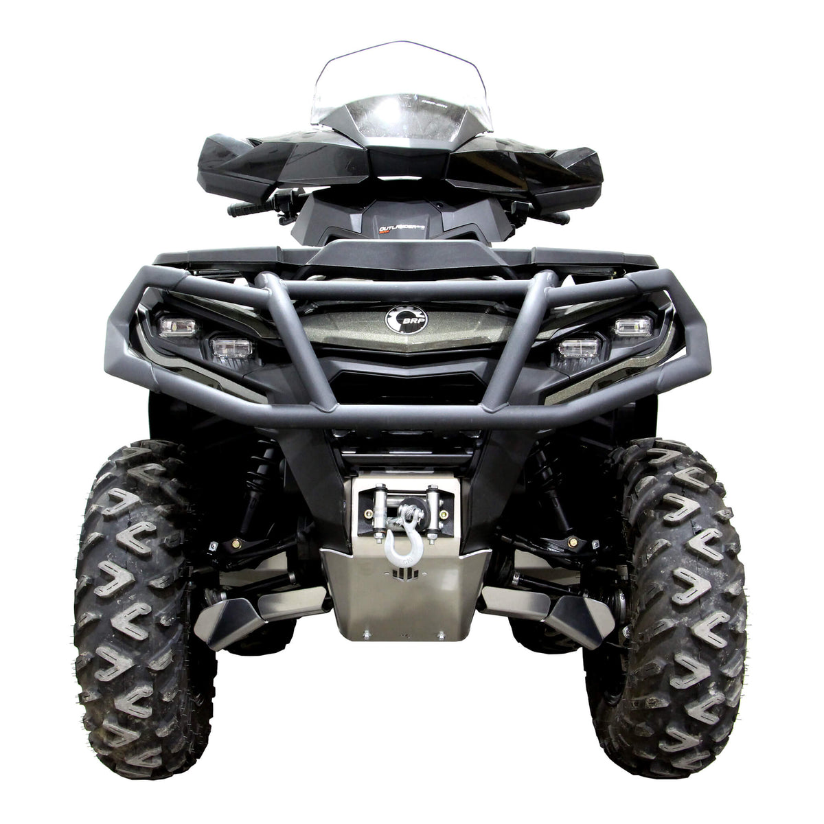 PERFEX 3/16" aluminum front bash plate protecting the front of a Can-Am Outlander MAX 6x6 1000R G2 ATV
