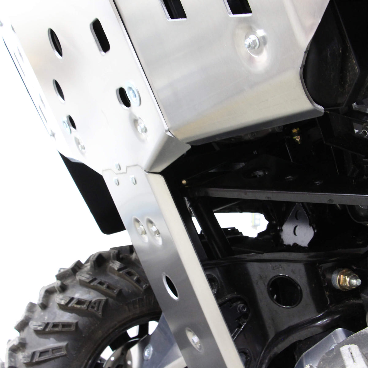 PERFEX aluminum full frame skid plate side view protecting the underside of a Can-Am Outlander MAX 6x6 1000R G2 ATV
